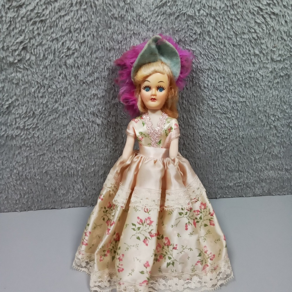 Vintage Hard Plastic Souvenir Doll Floral Lace Dress Feathered Hat 8 Inch